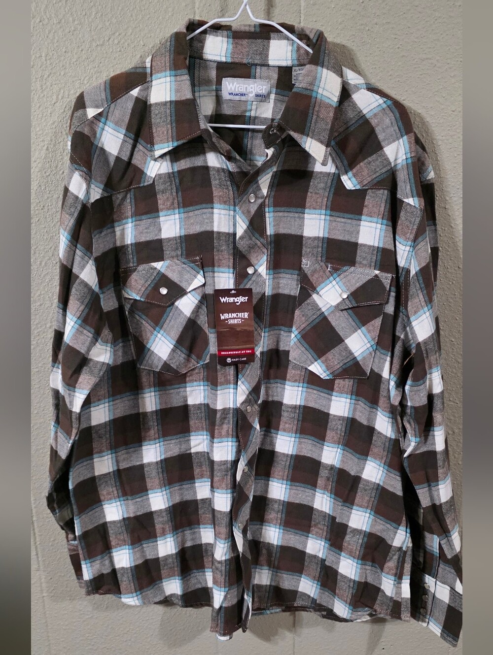 Nwt Men's Wrangler Wrancher Brown, White & Light Blue Plaid Button-Down Shirt XL